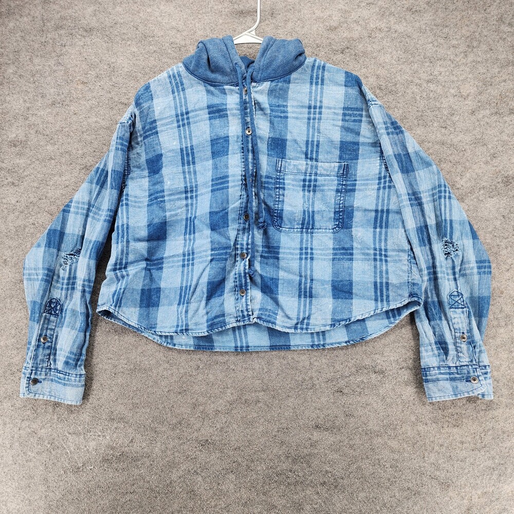 American Eagle Shirt Womens Large Button Up Blue Plaid Hooded